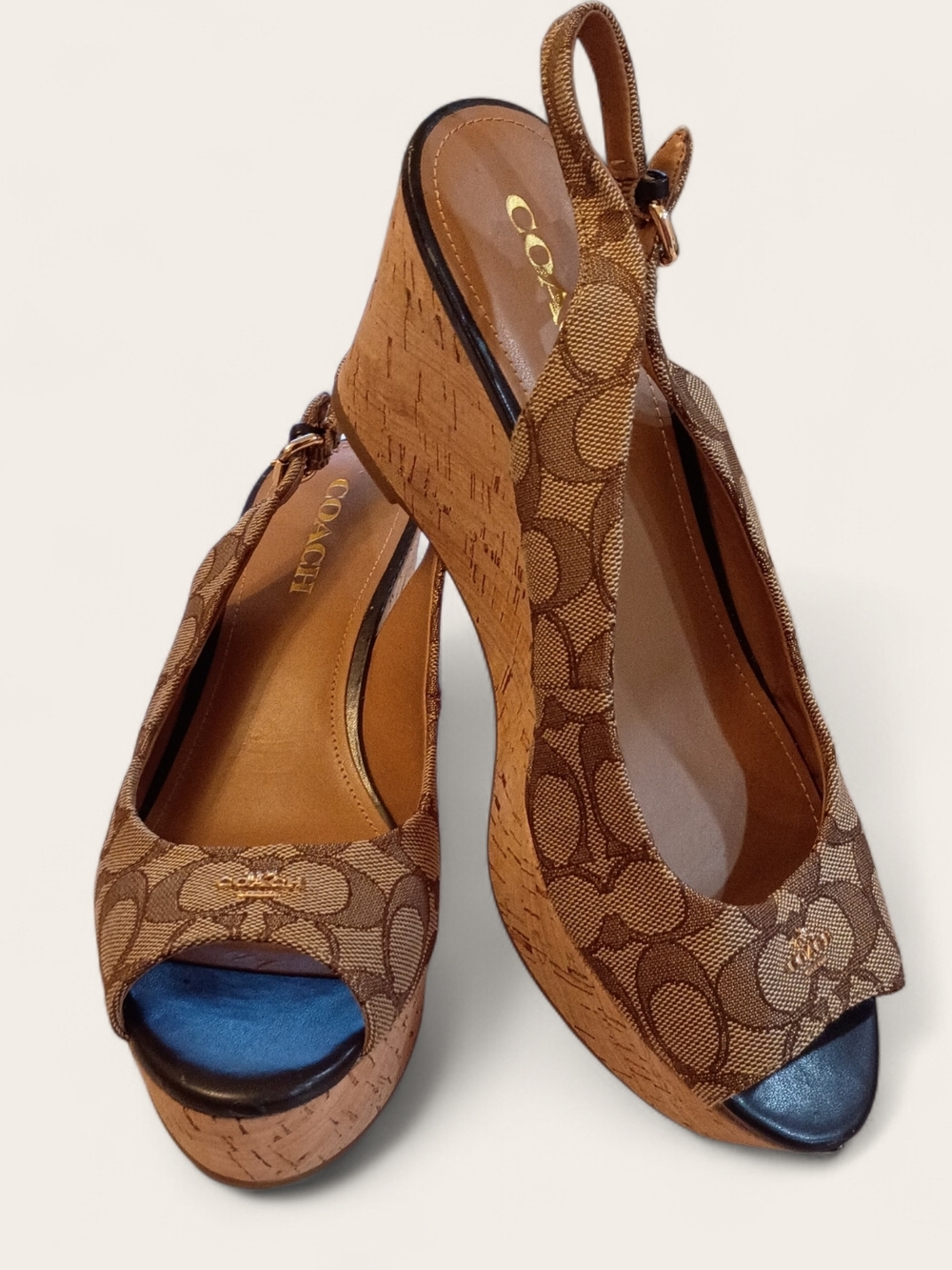 Coach Brown Signature Canvas Cork Wedge Peep-Toe Slingback Size 10
